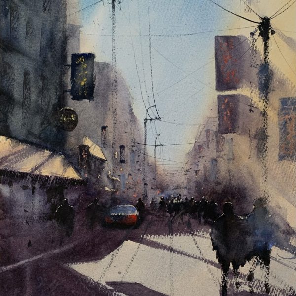 Watercolour painting of a sunlit street in Tokyo by artist John Haywood