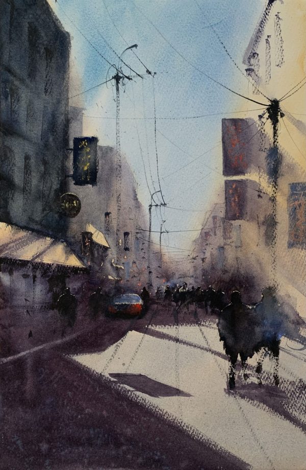 Watercolour painting of a sunlit street in Tokyo by artist John Haywood
