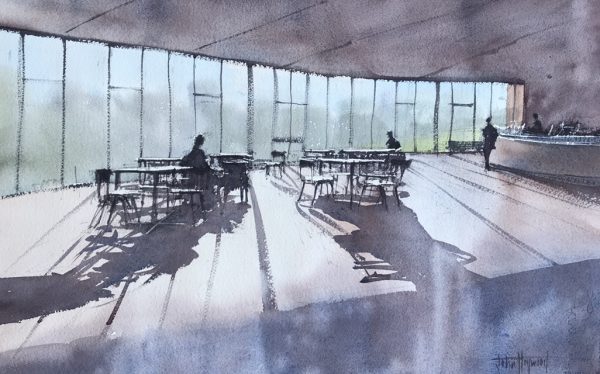Sunlit Cafe at the Attenborough Centre for the Creative Arts, University of Sussex, a watercolour painting by John Haywood.