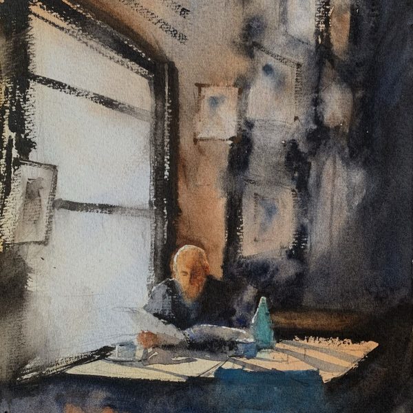 Painting of a man reading the papers in a cafe by watercolour artist John Haywood