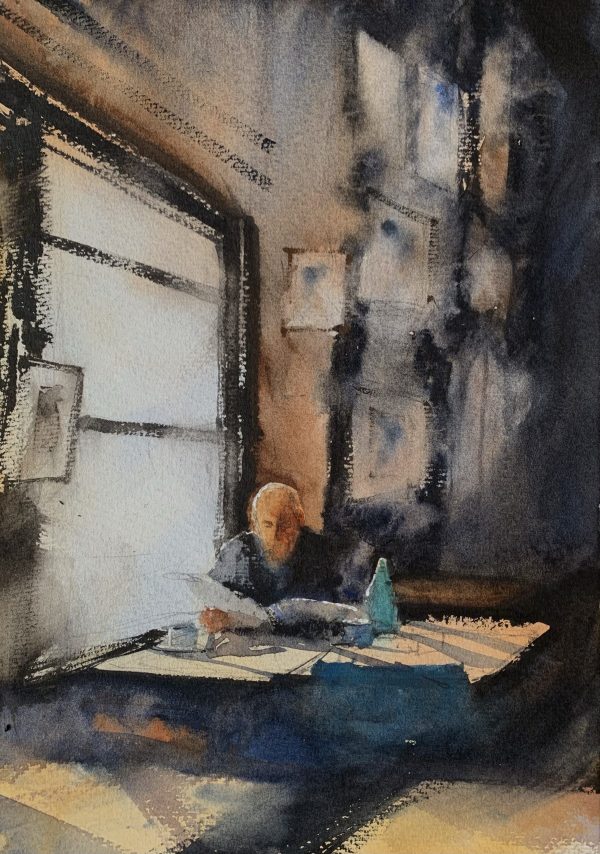 Painting of a man reading the papers in a cafe by watercolour artist John Haywood