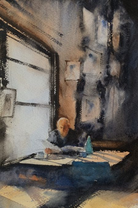 Painting of a man reading the papers in a cafe by watercolour artist John Haywood