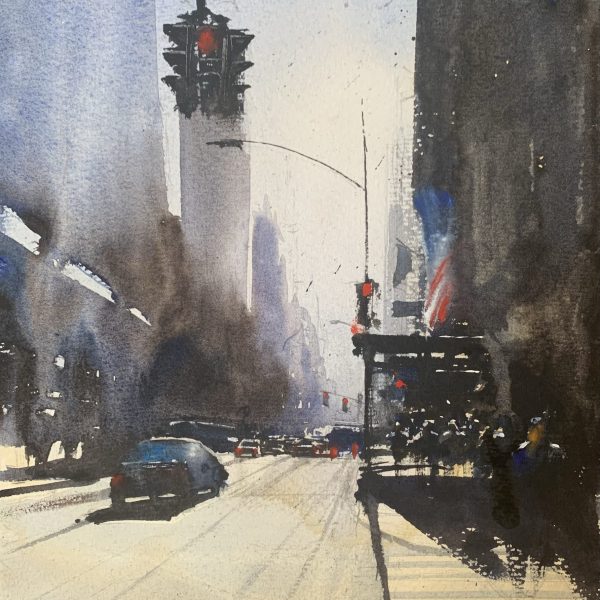 Watercolour painting of a New York street scene by artist John Haywood