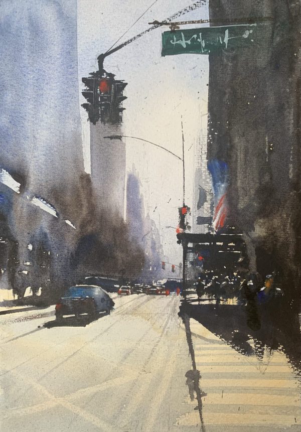 Watercolour painting of a New York street scene by artist John Haywood