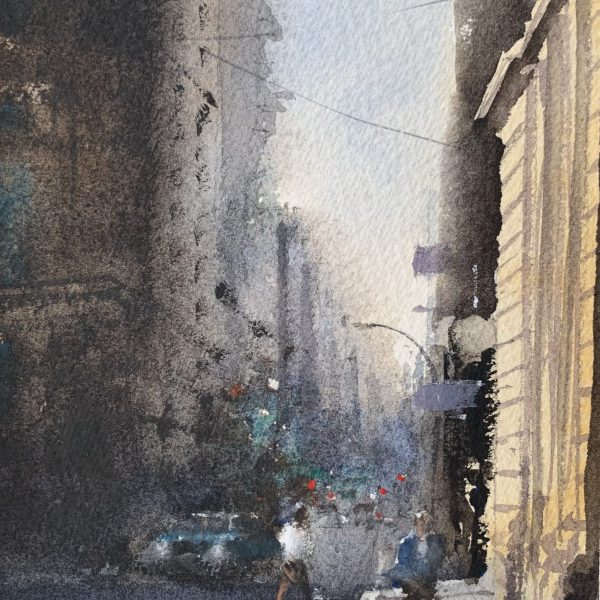 Watercolour painting of a shard of light illuminating a cityscene by artist John Haywood