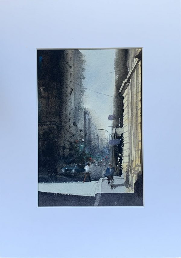 Mounted watercolour painting of a shard of light illuminating a cityscene by artist John Haywood