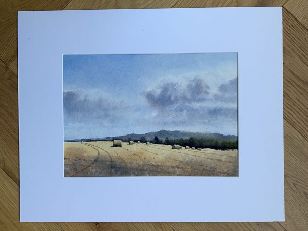 Mounted watercolour painting of a Sussex field with hay bales and distant trees and hills in the background by artist John Haywood