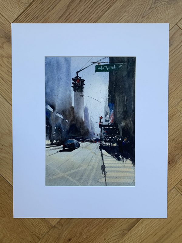 Mounted watercolour painting of a New York street scene by artist John Haywood