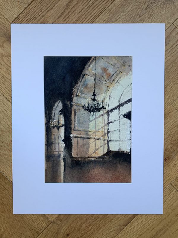 Mounted watercolour painting of light flooding through a large ornate window by artist John Haywood