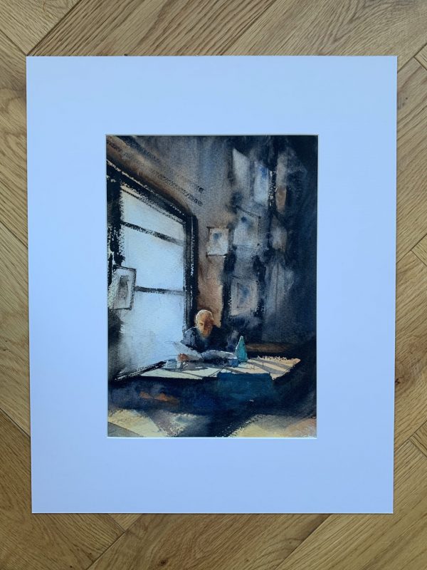 Mounted painting of a man reading the papers in a cafe by watercolour artist John Haywood