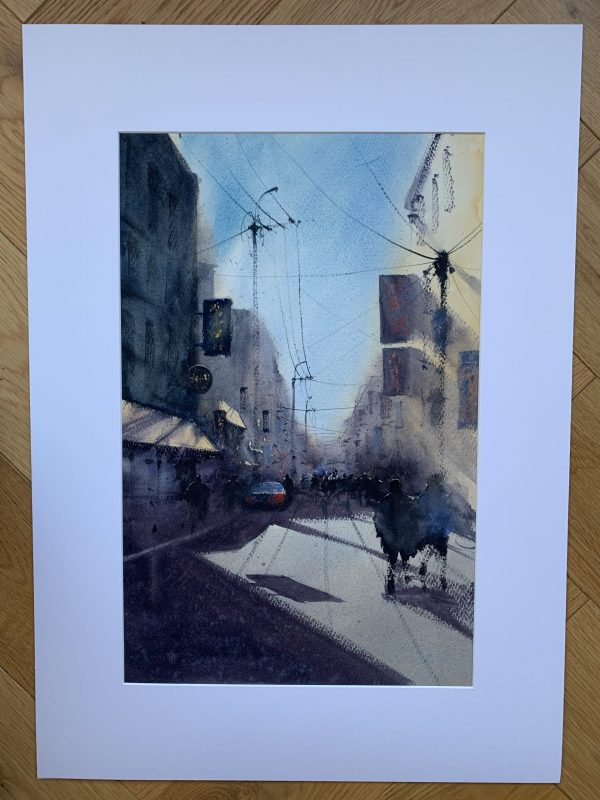 Mounted watercolour painting of a sunlit street in Tokyo by artist John Haywood