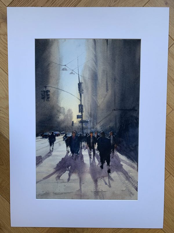 Mounted watercolour painting of busy crossing on East 42nd Street, New York by artist John Haywood