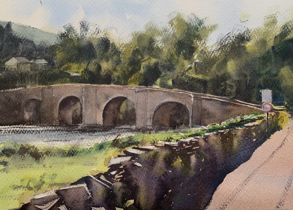 Watercolour painting of Llangynidr Bridge in the Brecon Beacons National Park, Wales, by artist John Haywood