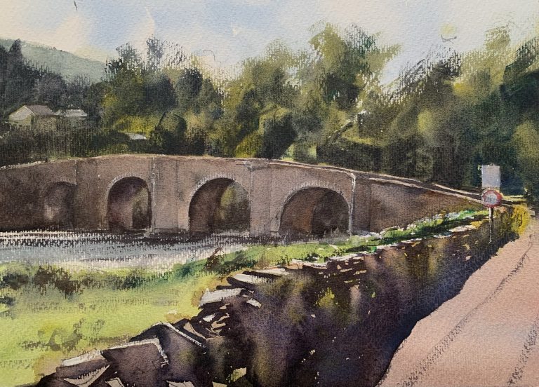 Watercolour painting of Llangynidr Bridge in the Brecon Beacons National Park, Wales, by artist John Haywood