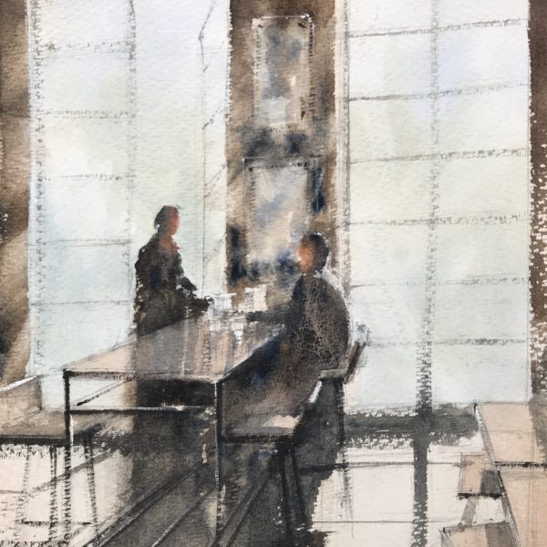 Two people chatting over coffee, watercolour painting by John Haywood