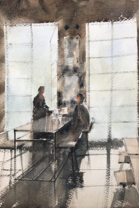 Two people chatting over coffee, watercolour painting by John Haywood