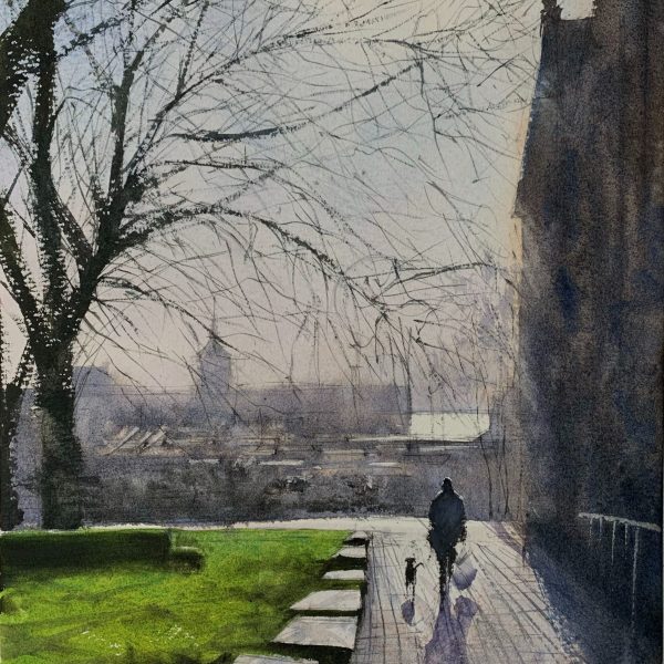 Watercolour painting of St Nicholas Church, Brighton, by artist John Haywood