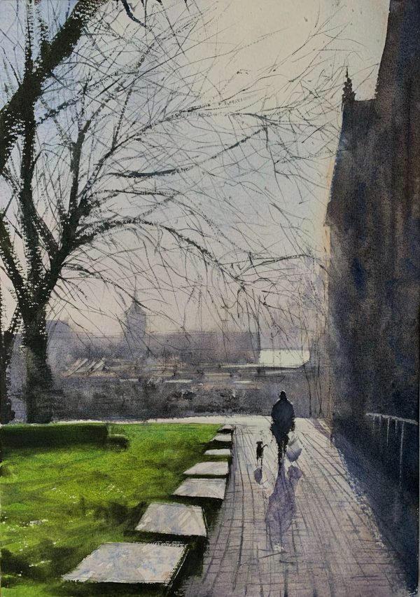 Watercolour painting of St Nicholas Church, Brighton, by artist John Haywood