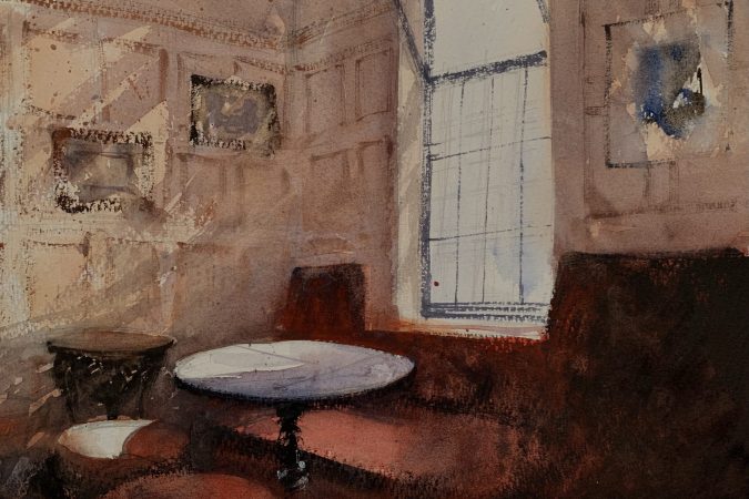 A watercolour painting of the interior of The Good Companions by artist John Haywood