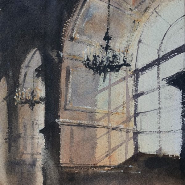 Watercolour painting of light flooding through a large ornate window by artist John Haywood