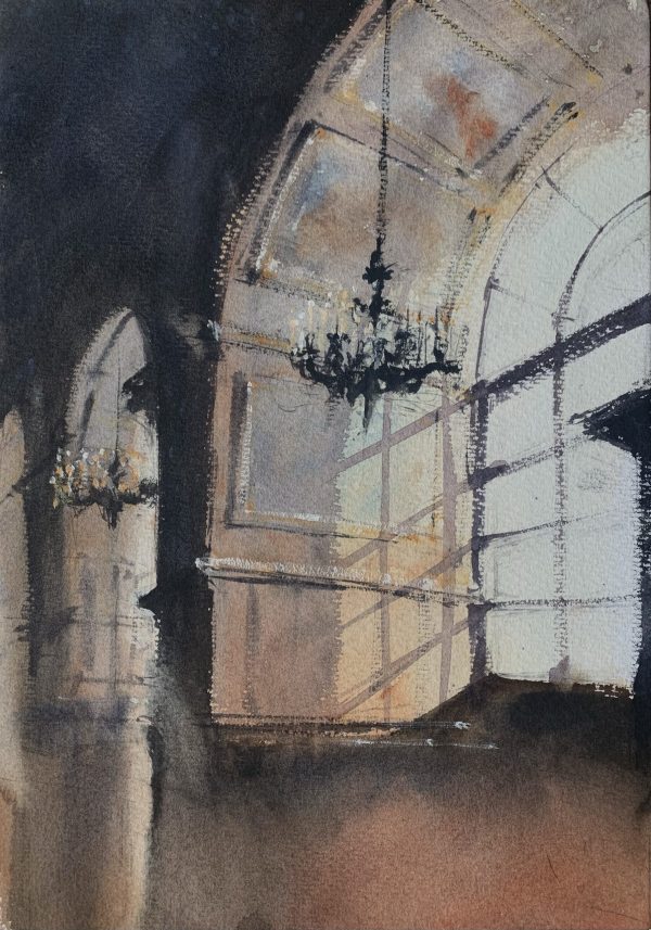 Watercolour painting of light flooding through a large ornate window by artist John Haywood