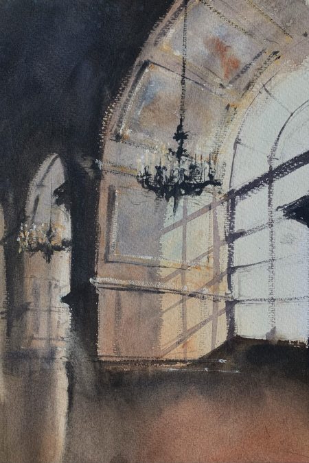 Watercolour painting of light flooding through a large ornate window by artist John Haywood