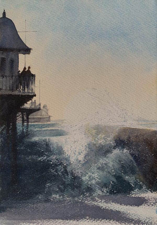 Brighton Breakers, a watercolour painting of waves breaking next to Brighton Pier by artist John Haywood
