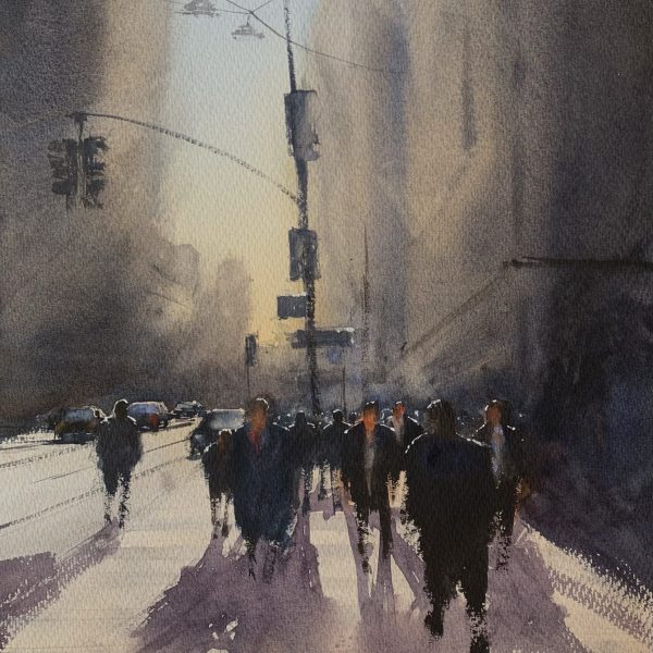Watercolour painting of busy crossing on East 42nd Street, New York by artist John Haywood