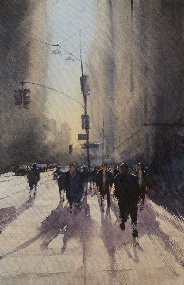 Watercolour painting of busy crossing on East 42nd Street, New York by artist John Haywood